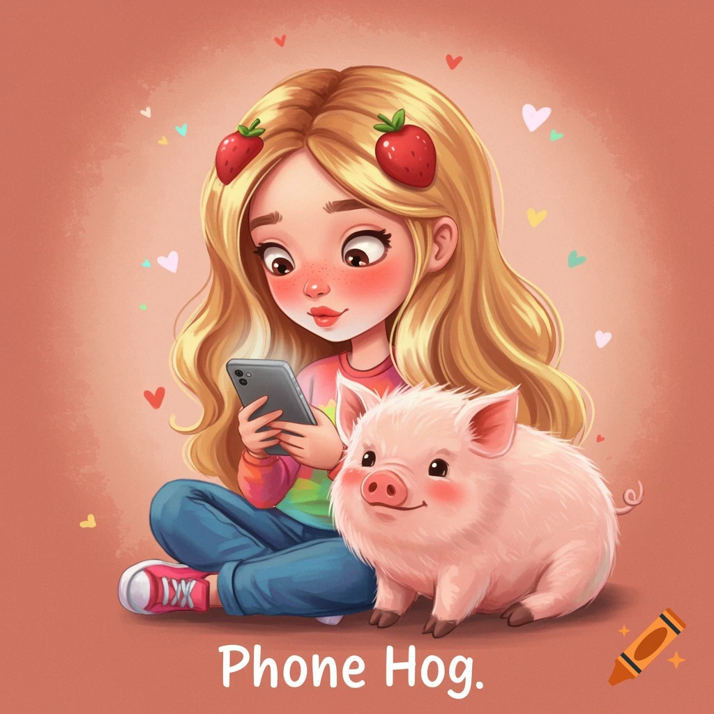A cute cartoon girl with strawberries in her hair sits with a pig, looking at her phone.