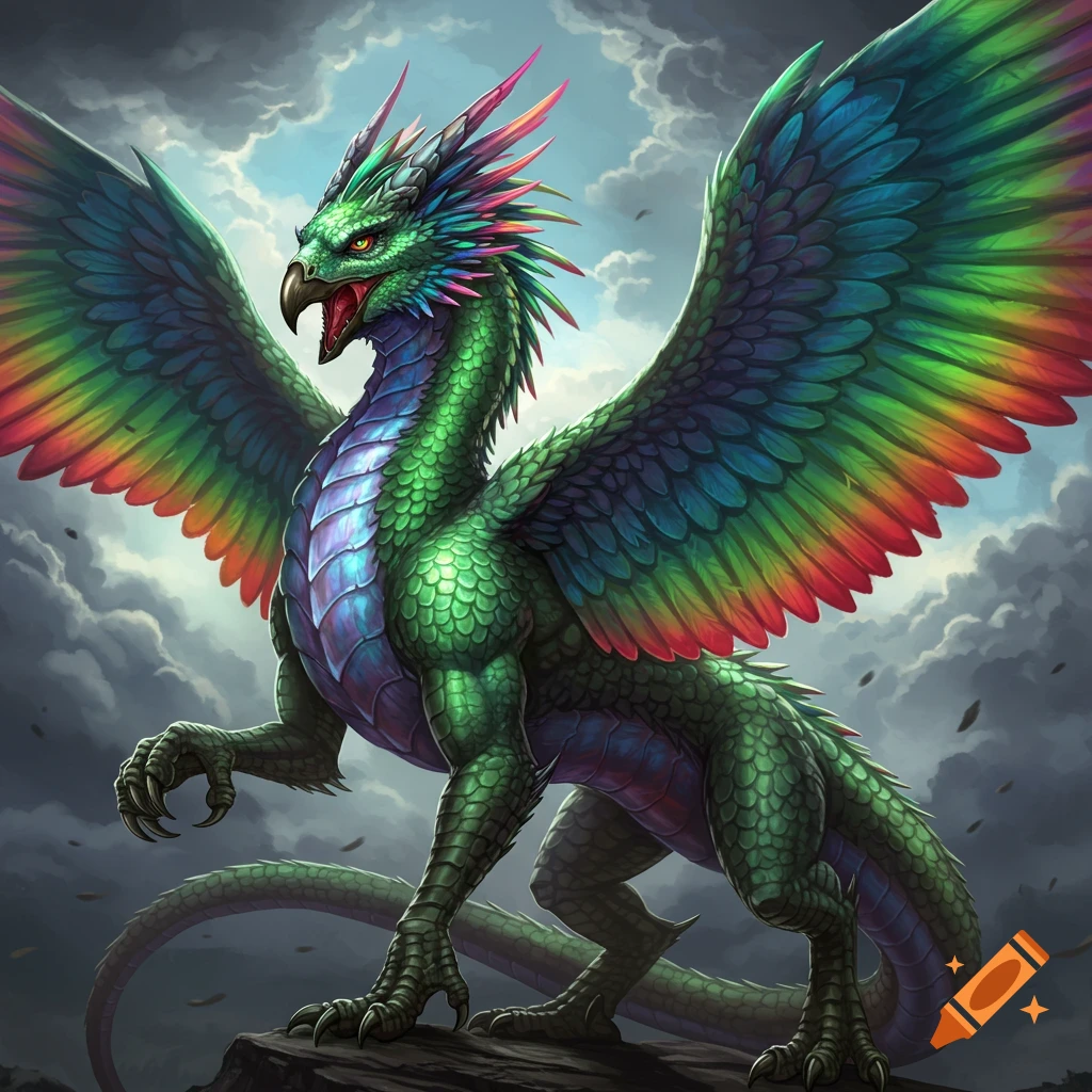 A vibrant green and rainbow-winged dragon griffin hybrid stands on a rock against stormy clouds.