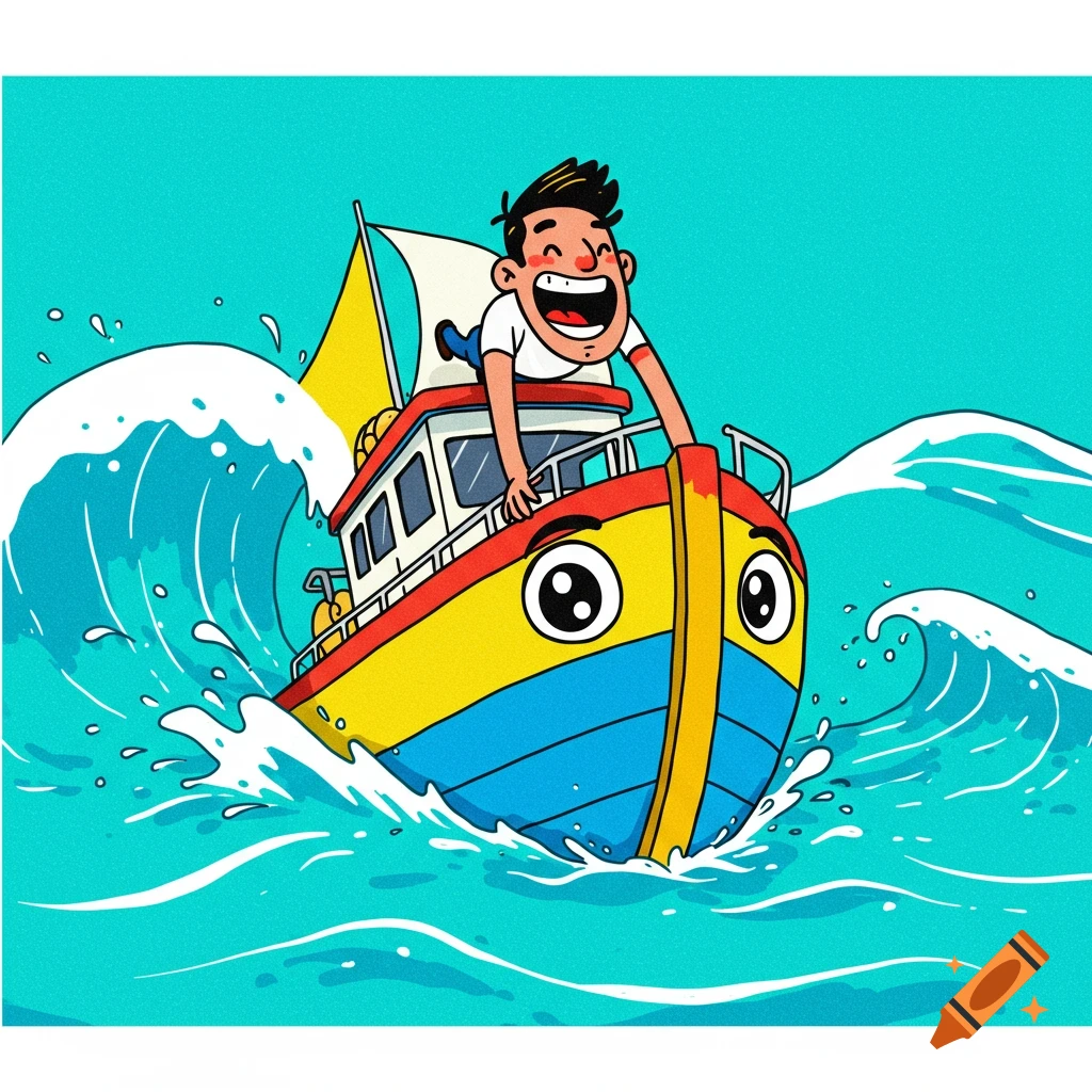 Cartoon of a person on a colorful boat in rough waves