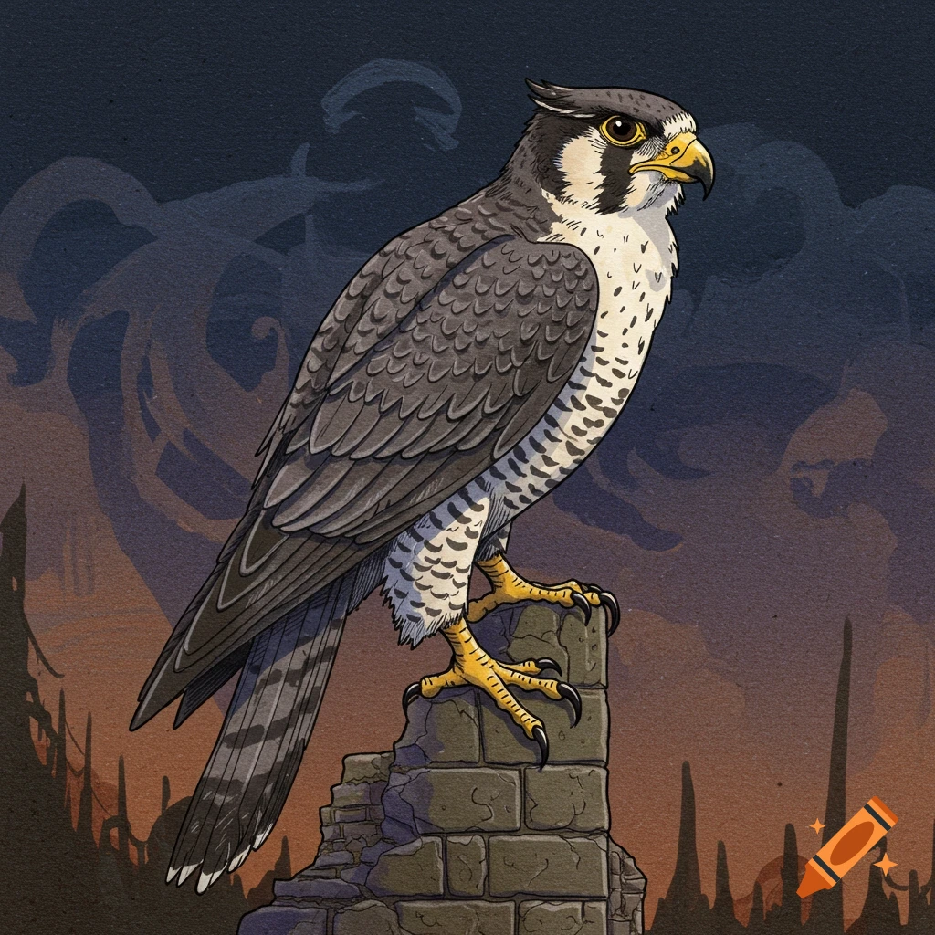 Drawing of a peregrine falcon aarakocra perched on a stone in a dark fantasy style.