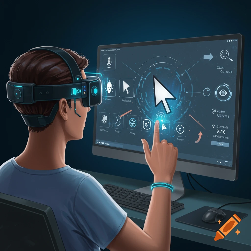A person wearing a headset interacts with a futuristic computer screen using hand gestures.