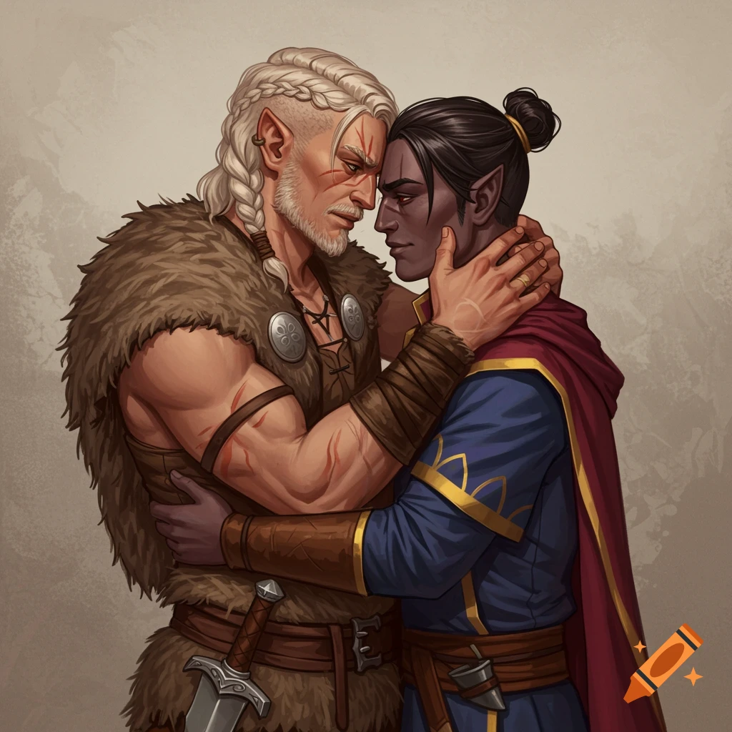 Two fantasy men, a blonde barbarian and a dark-haired sorcerer, embracing.
