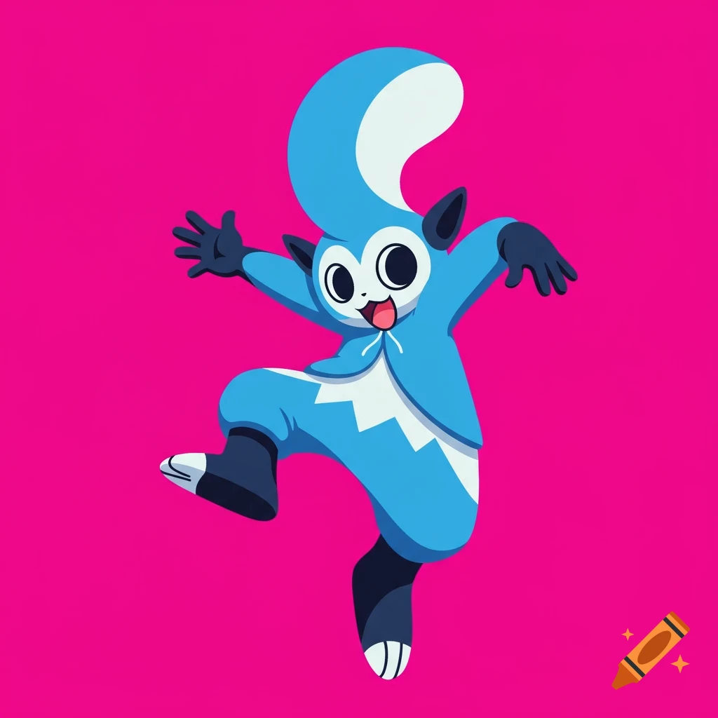 A blue and white cartoon character dances on a pink background.