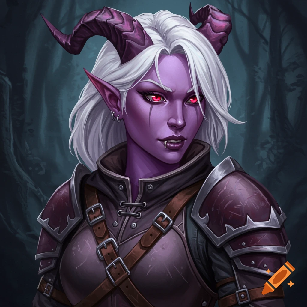 A fantasy tiefling woman with horns and purple skin wearing armor
