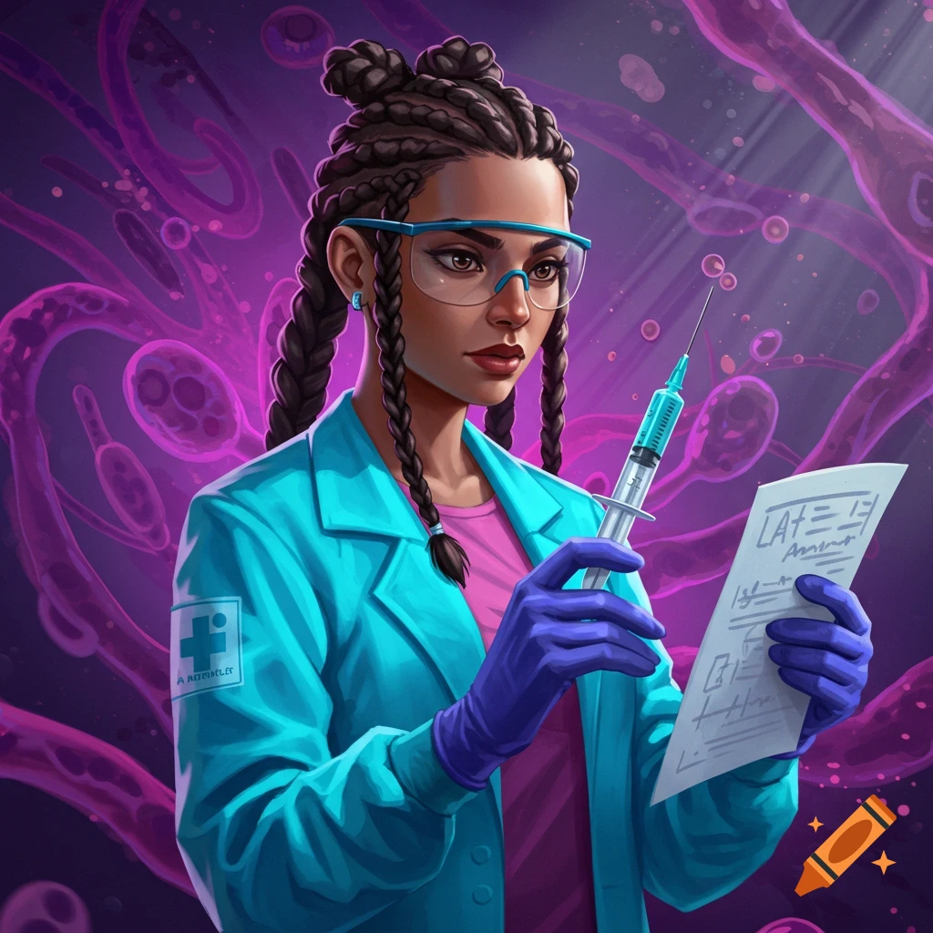 A woman scientist in a lab coat and gloves holding a syringe and paper, with a background of microbes.