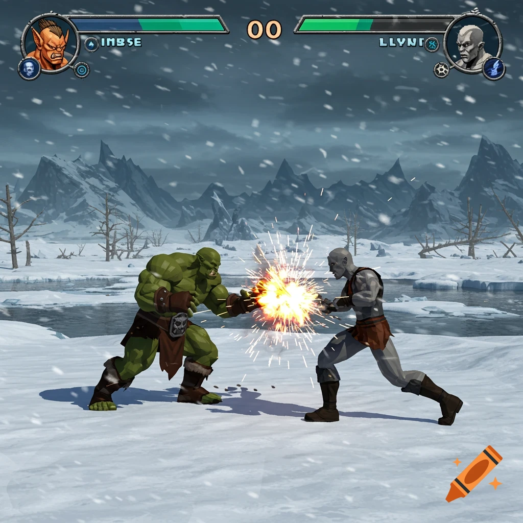 Two fantasy characters fighting in a video game interface in a snowy arctic environment.