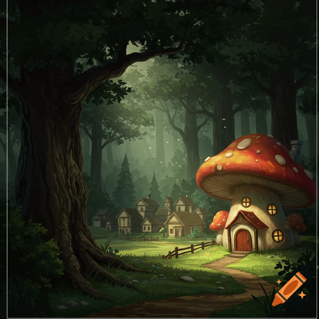 A giant mushroom house and a small village in a dark forest clearing.