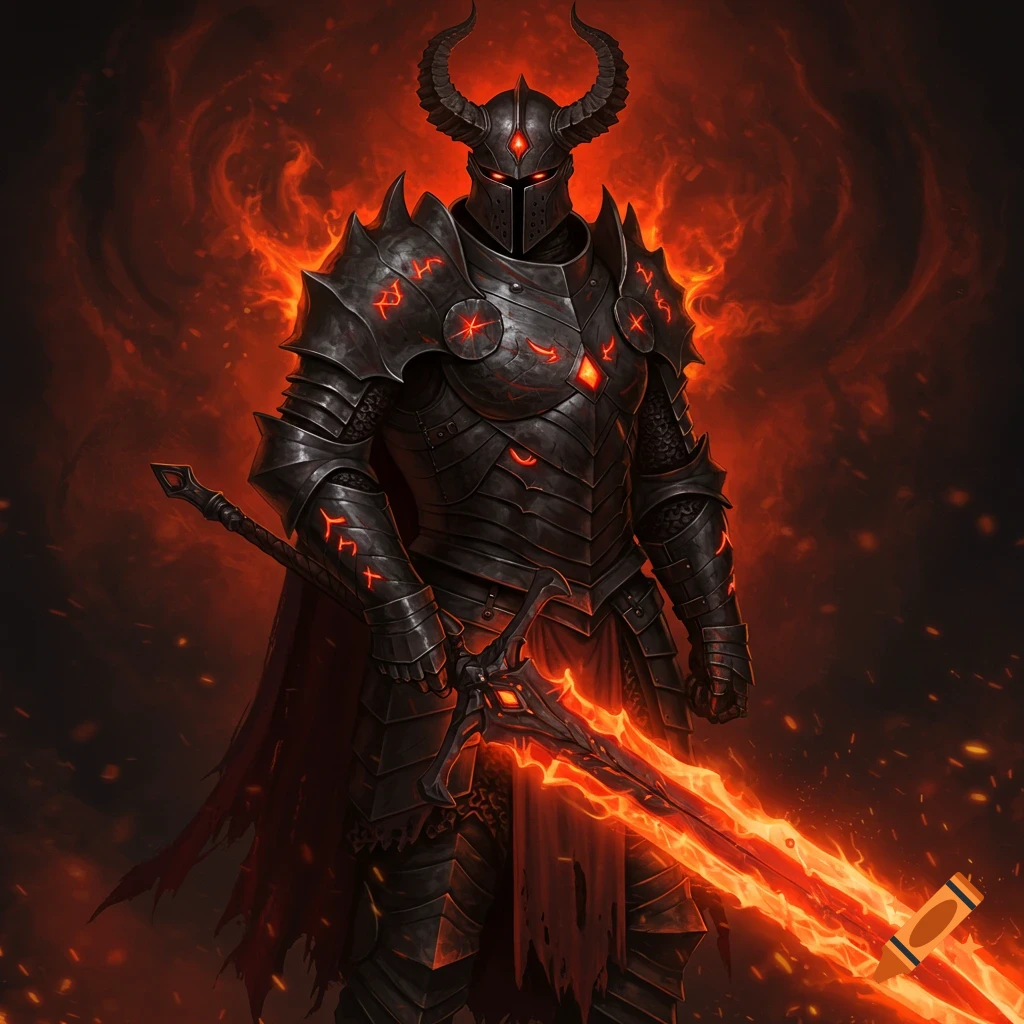 A dark knight in horned armor holds a fiery sword against a fiery background.