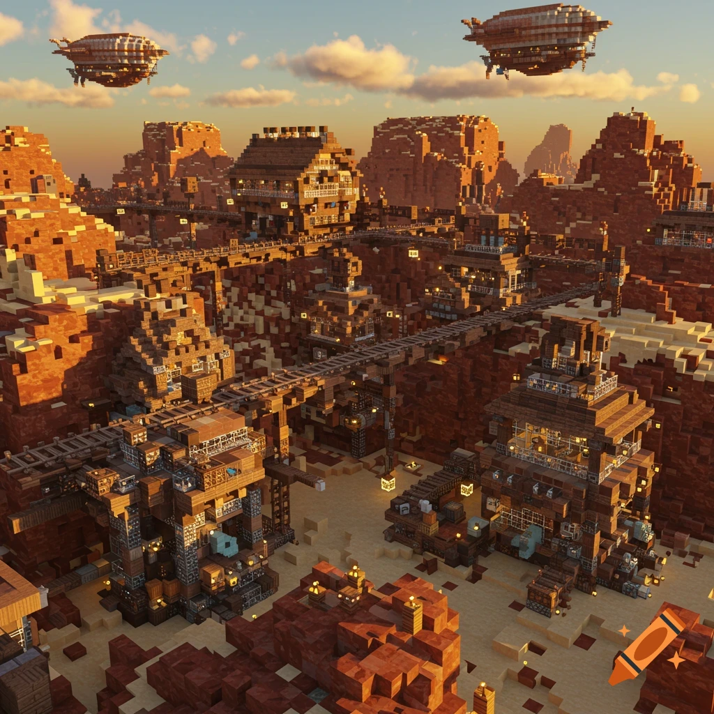 A detailed Minecraft-style render of a steampunk town built into a red rock canyon with multiple structures, bridges, and airships in the sky.