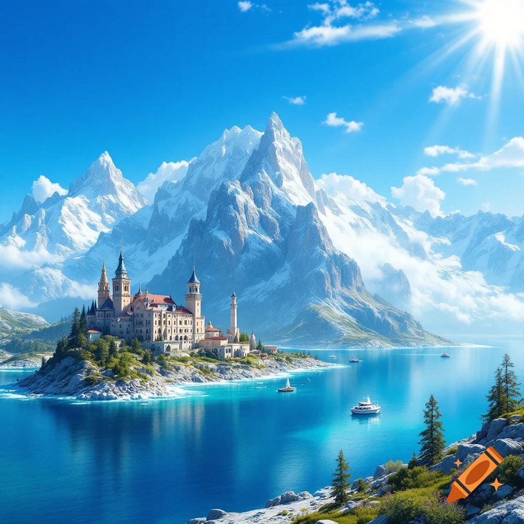 A castle on an island in a large lake surrounded by snowy mountains under a bright sun.