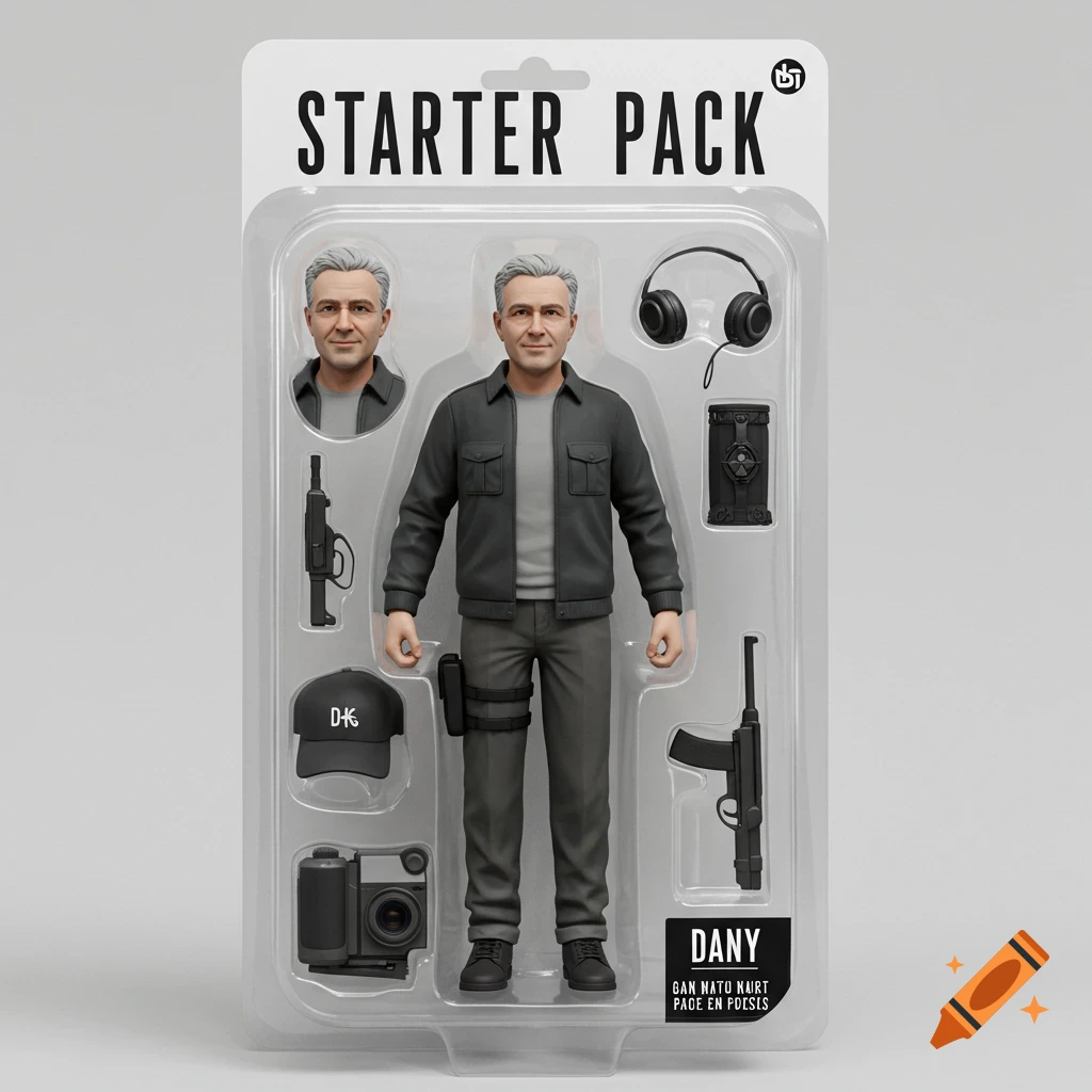 Action figure of a man in collector packaging with accessories.