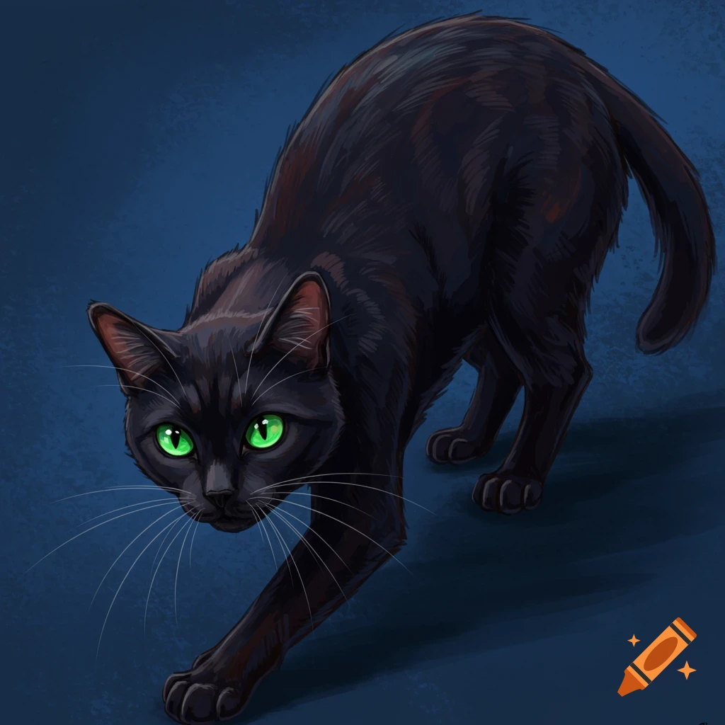 A black cat with green eyes is low to the ground and stalking forward.