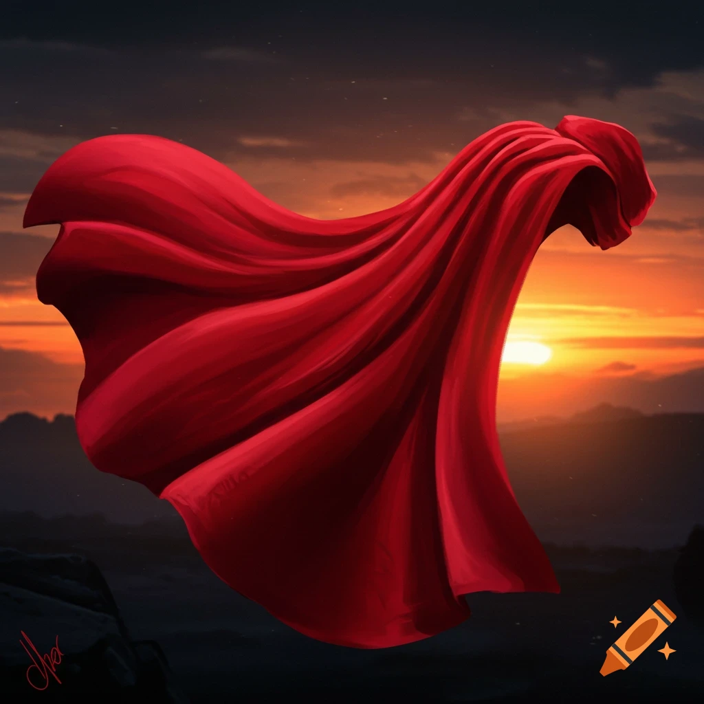 A red cape blowing in the wind against a sunset sky.