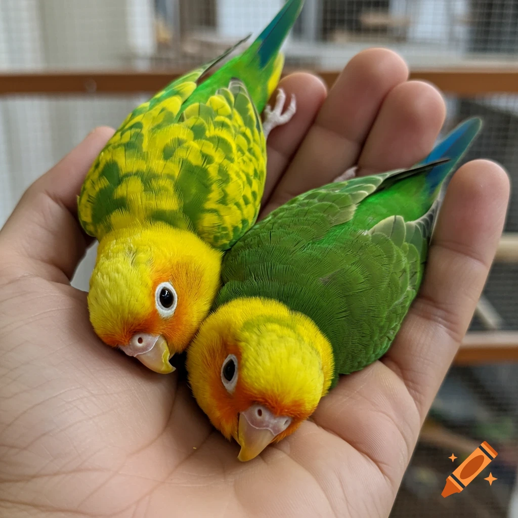 Two yellow and green lovebirds held in a person's hand