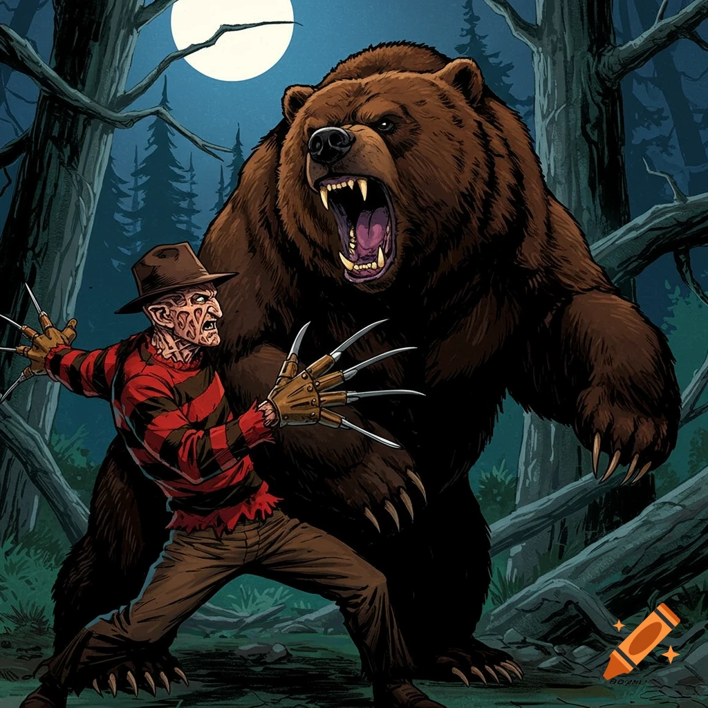 Freddy Krueger fighting a bear in a forest under a full moon.