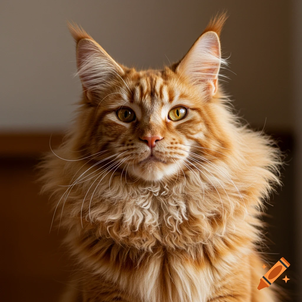 Close-up portrait of an orange Maine Coon cat with a ruff.