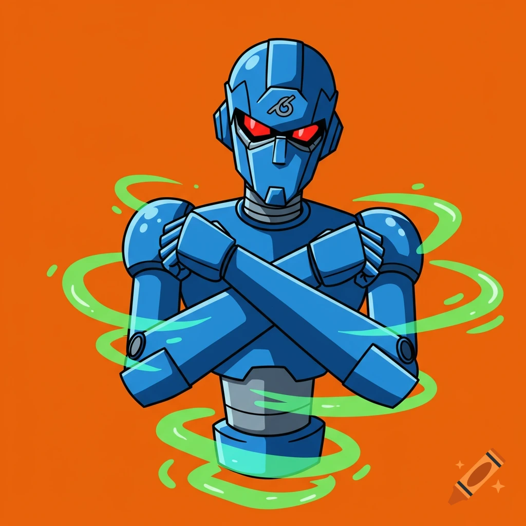 Blue robot ninja with crossed arms and red eyes, surrounded by green energy swirls, cartoon style