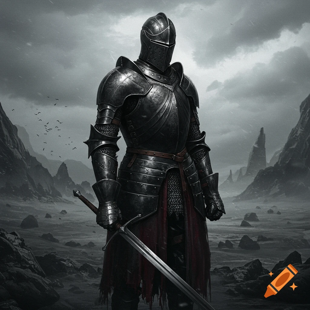 A dark medieval knight stands in a rocky landscape under stormy skies, holding a sword.