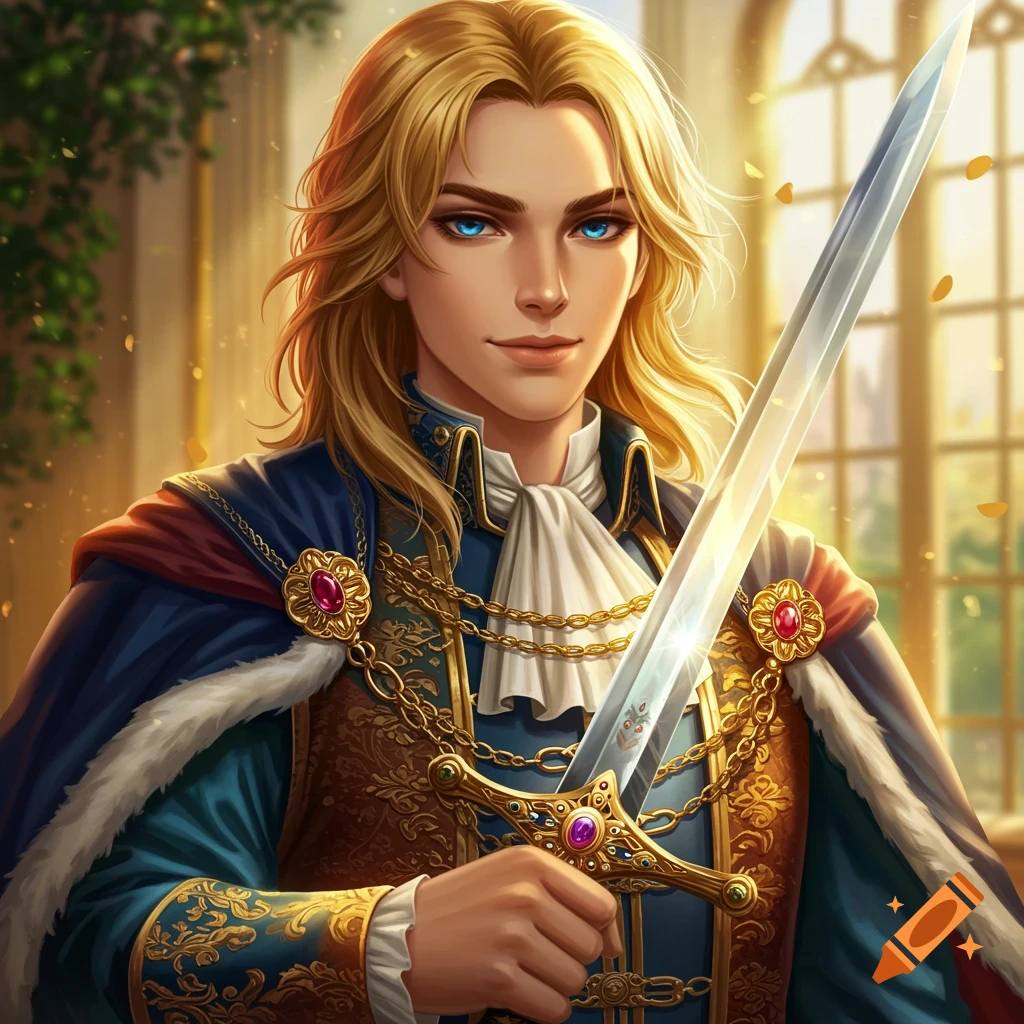 Fantasy art of a young prince with golden hair, blue eyes, in rich clothing, holding an ornate sword.