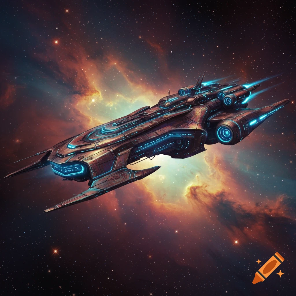 A detailed image of a futuristic spaceship flying through a nebula and stars.