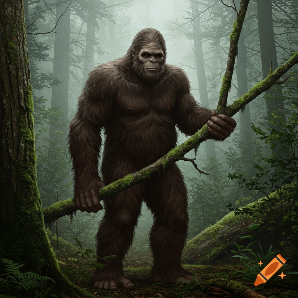 Bigfoot stands in a misty forest holding a branch.