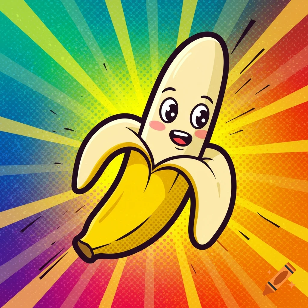 Cartoon peeled banana with a face on a rainbow comic background
