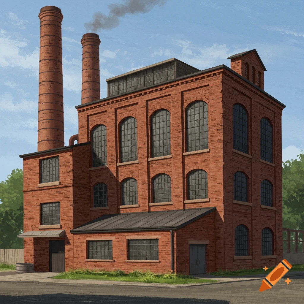 Red brick factory building with smoke stacks.