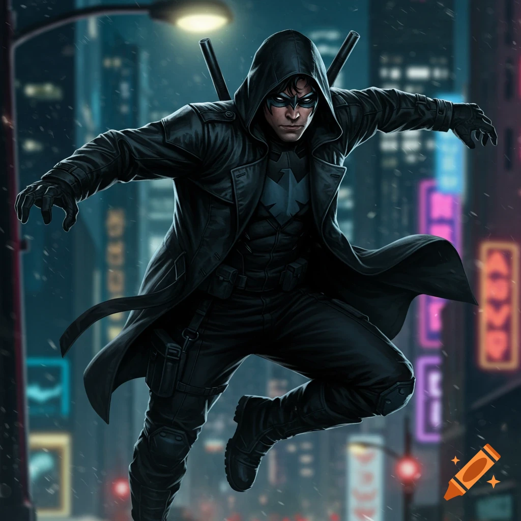 A hooded figure resembling Nightwing jumps in a rainy city street.
