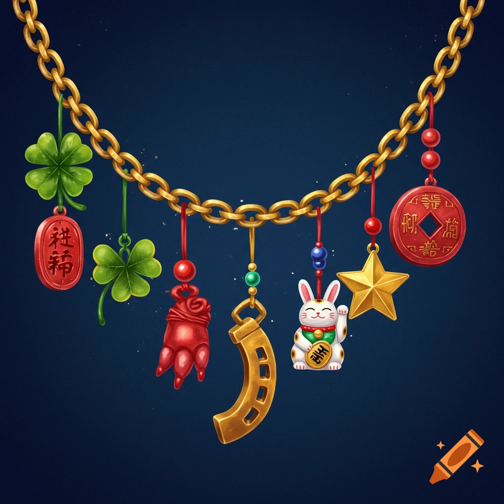 Various good luck charms, including a Maneki-neko cat, clovers, a horseshoe, and a coin, hanging from a gold chain.