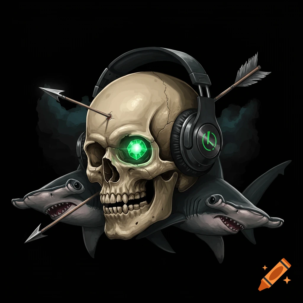 A skull with an emerald eye wearing headphones, flanked by hammerhead sharks and pierced by arrows.