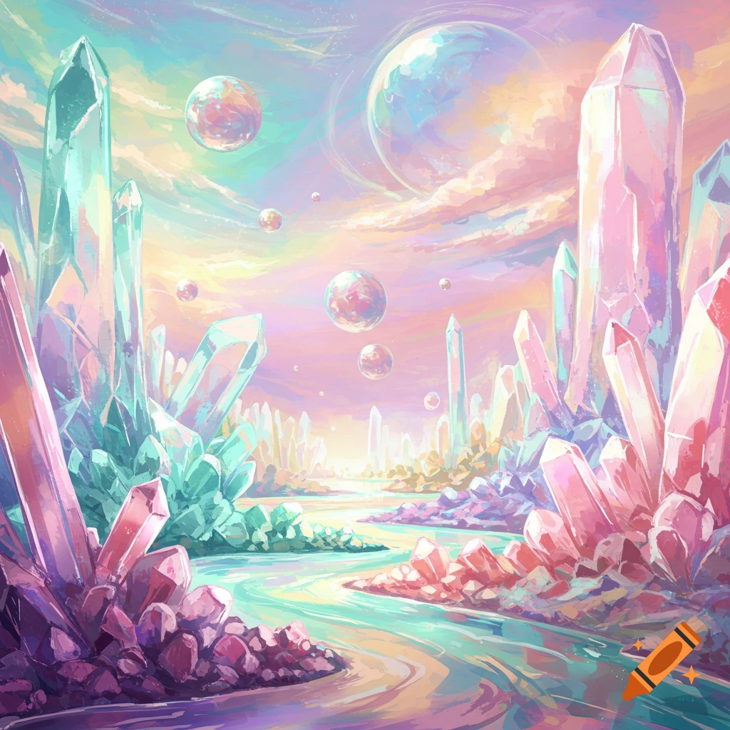A vibrant fantasy landscape painting of large crystals, a river, and floating spheres under a pastel sky.