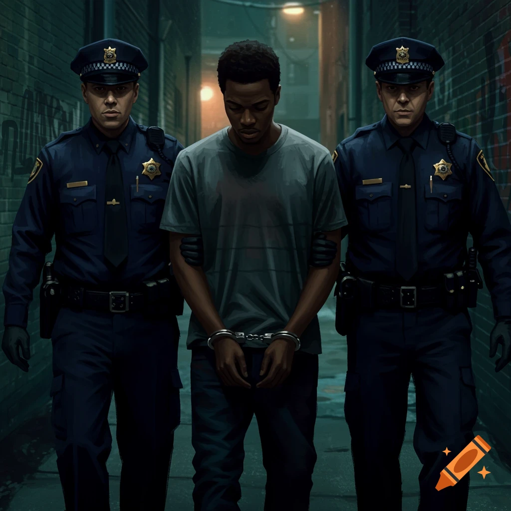 A young Black man is handcuffed and led by two police officers through a dark alley.