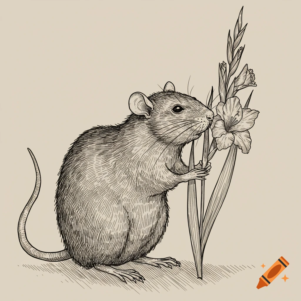 Wood etching illustration of a rat with a gladiolus flower