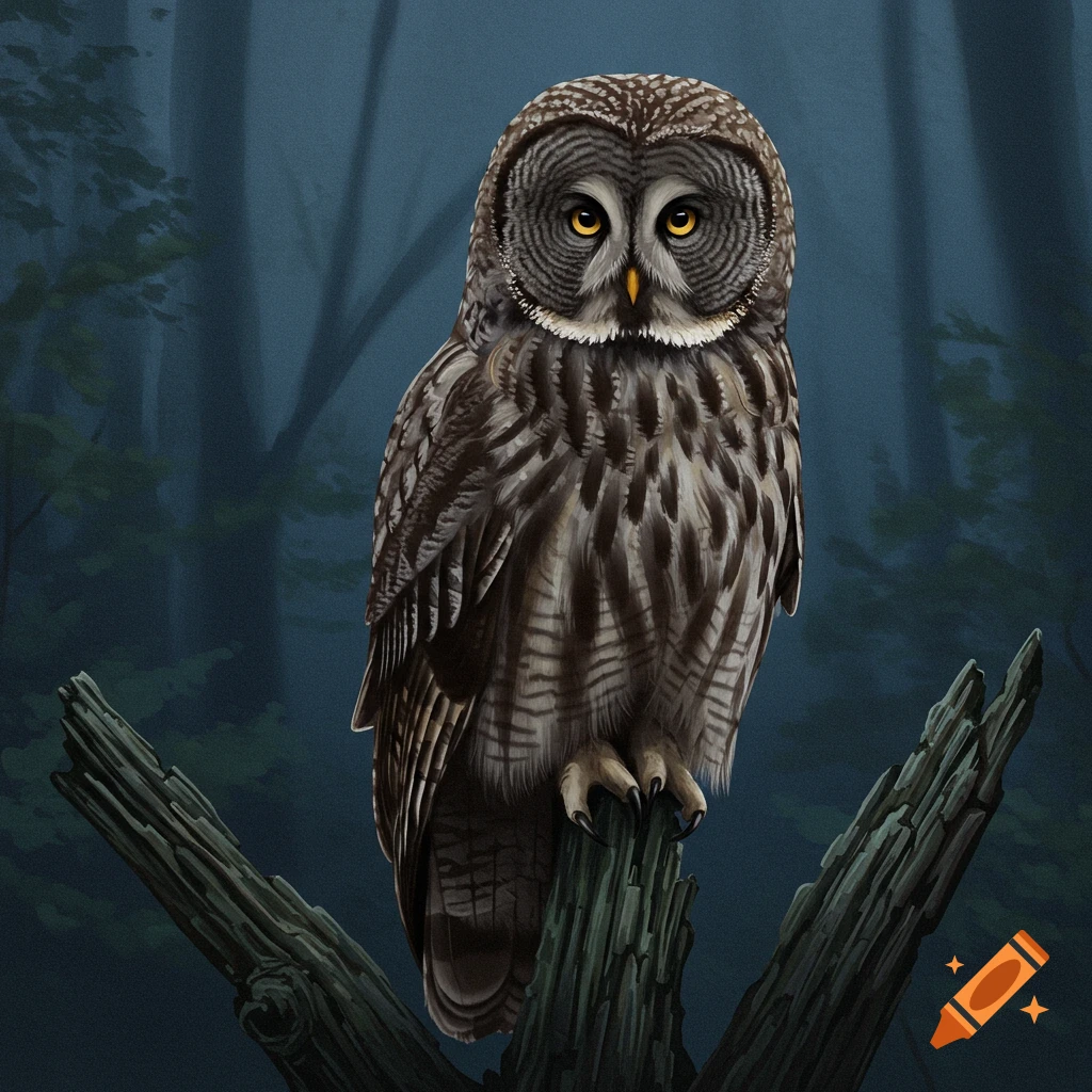 A Great Grey Owl perched on a branch in a dark forest.