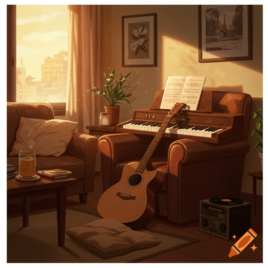 Cozy interior scene in a warm Japanese illustration style, featuring a piano, an acoustic guitar leaning on an armchair, and a record player bathed in golden hour light.