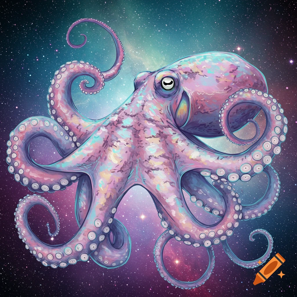 A colorful, stylized octopus floats in a starry galaxy background.
