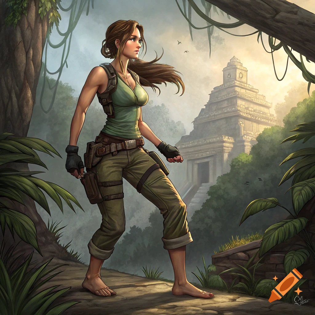 Female adventurer walking on a path in a lush jungle with ancient ruins visible in the background.