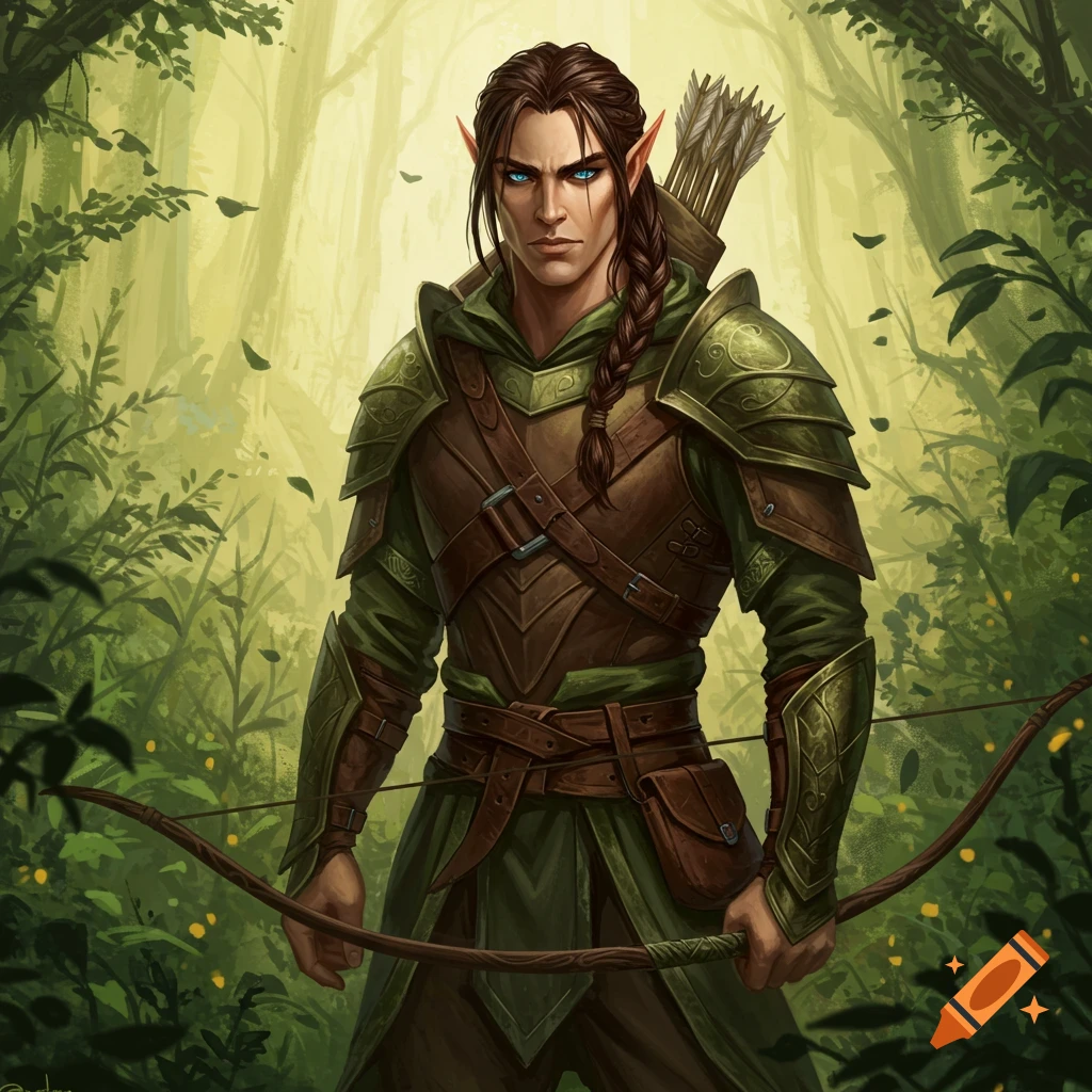 A male elf ranger stands in a forest holding a bow.