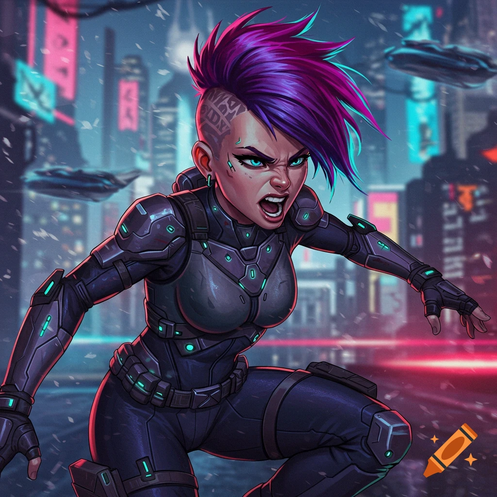 A female cyberpunk character in an action pose against a futuristic city background.