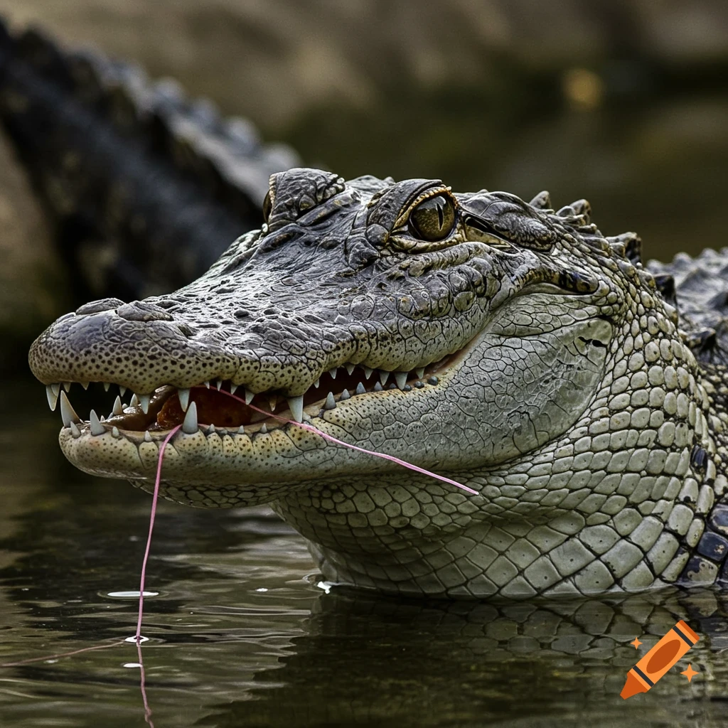 Close-up photorealistic portrait of an alligator in water with a pink string hanging from its mouth, flossing its teeth.