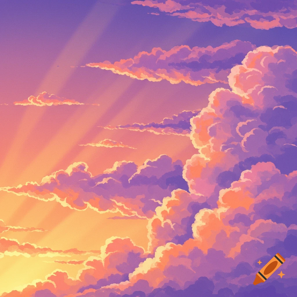 Anime style sunset sky with pink and purple clouds and sunrays