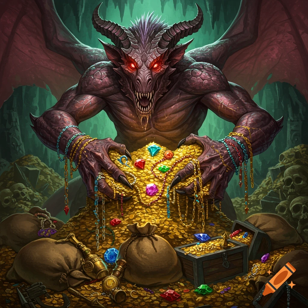 A fantasy demon or arcanaloth creature holds a huge pile of gold coins and jewels in a dark cave, fantasy art.