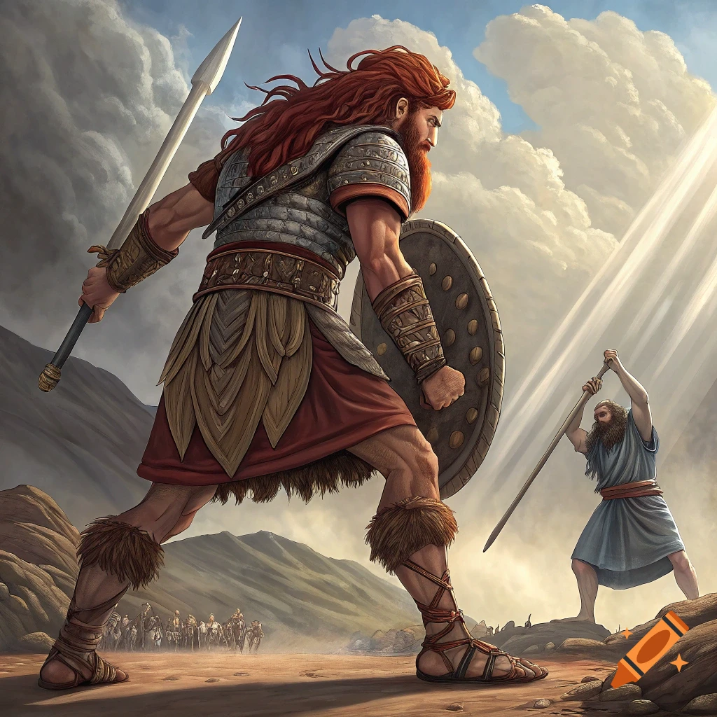 A giant red-haired man in armor faces off against a smaller bearded man with a staff in a rocky landscape.
