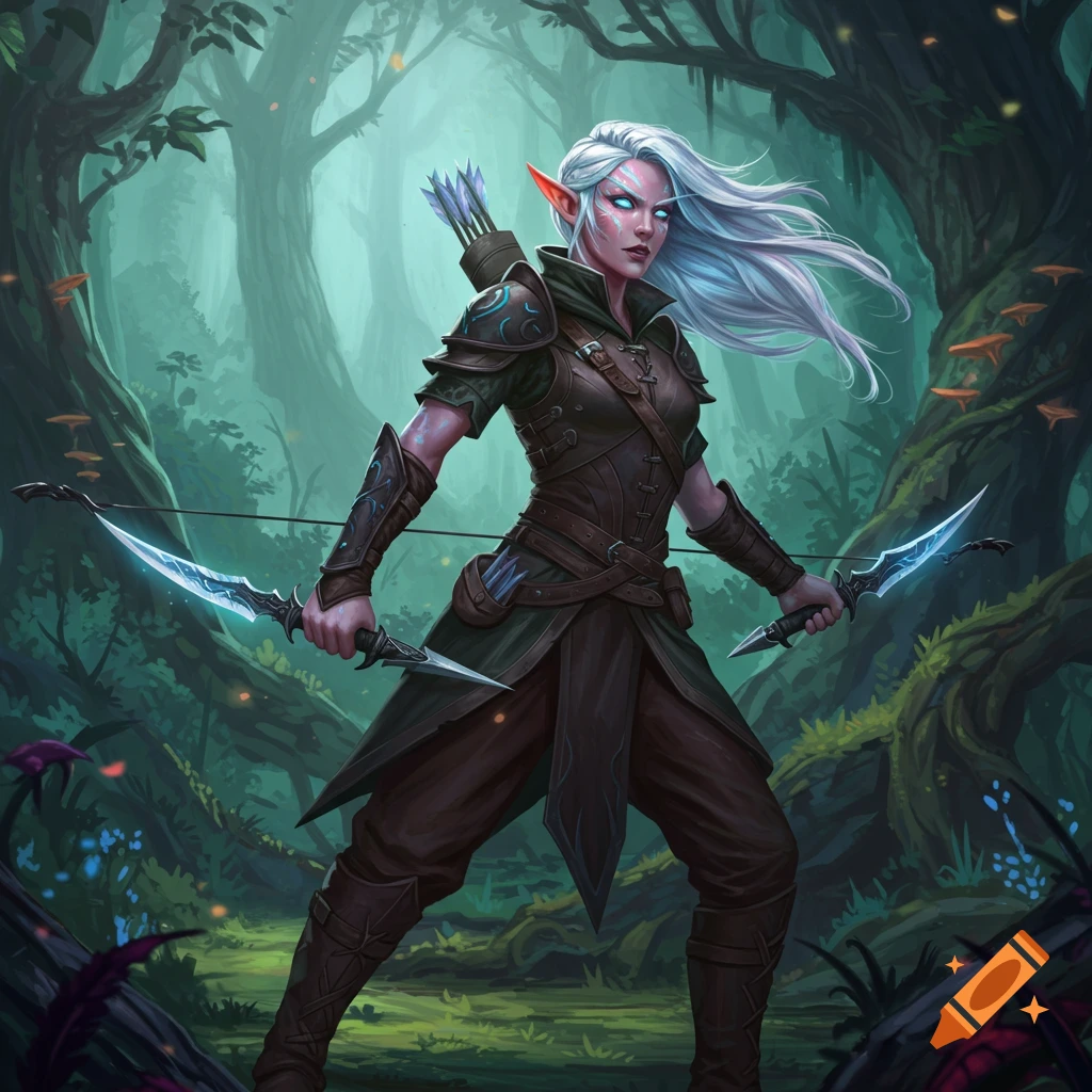 An elf rogue stands in a forest holding daggers.