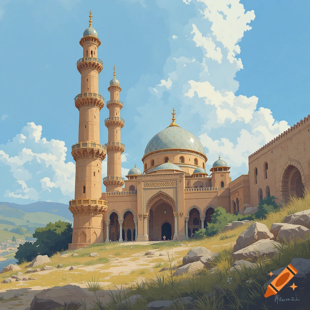 An Islamic building with minarets and a dome on a hillside under a cloudy sky.