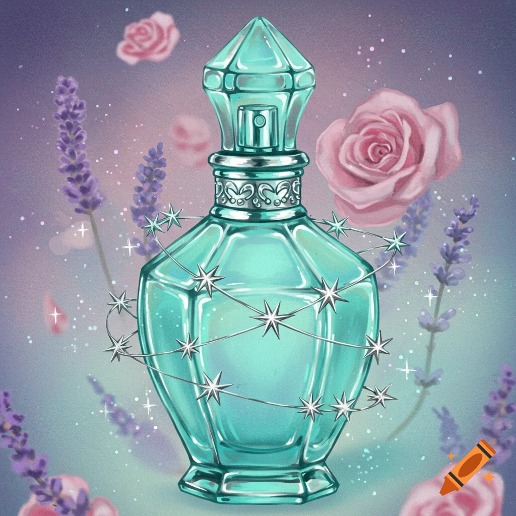 A teal perfume bottle wrapped in silver stars, surrounded by pink roses and lavender.