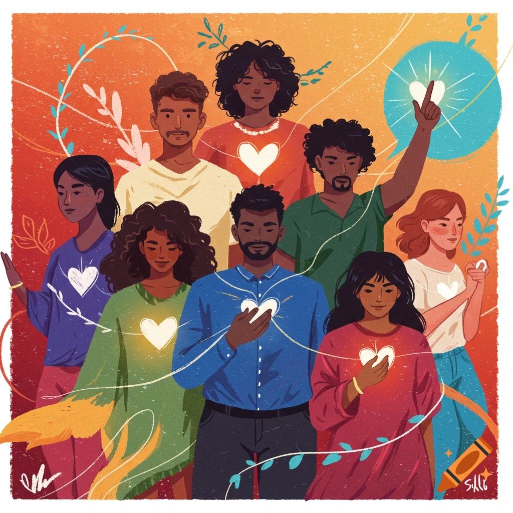 Illustration of a diverse group of people with glowing hearts, representing unity and positive emotion.