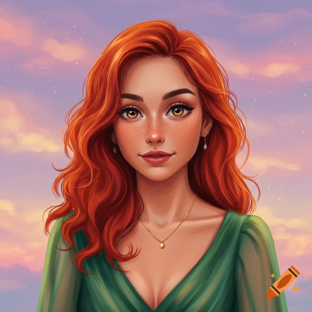A red-haired woman in a green dress against a cloudy sky.