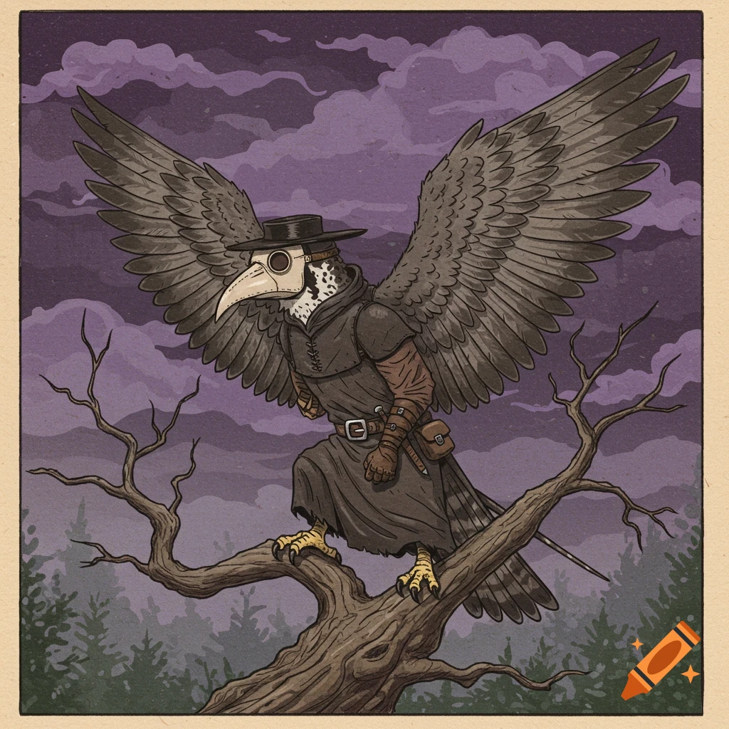 Drawing of a bird-like fantasy creature in a plague doctor outfit perched on a tree branch against a dark sky.
