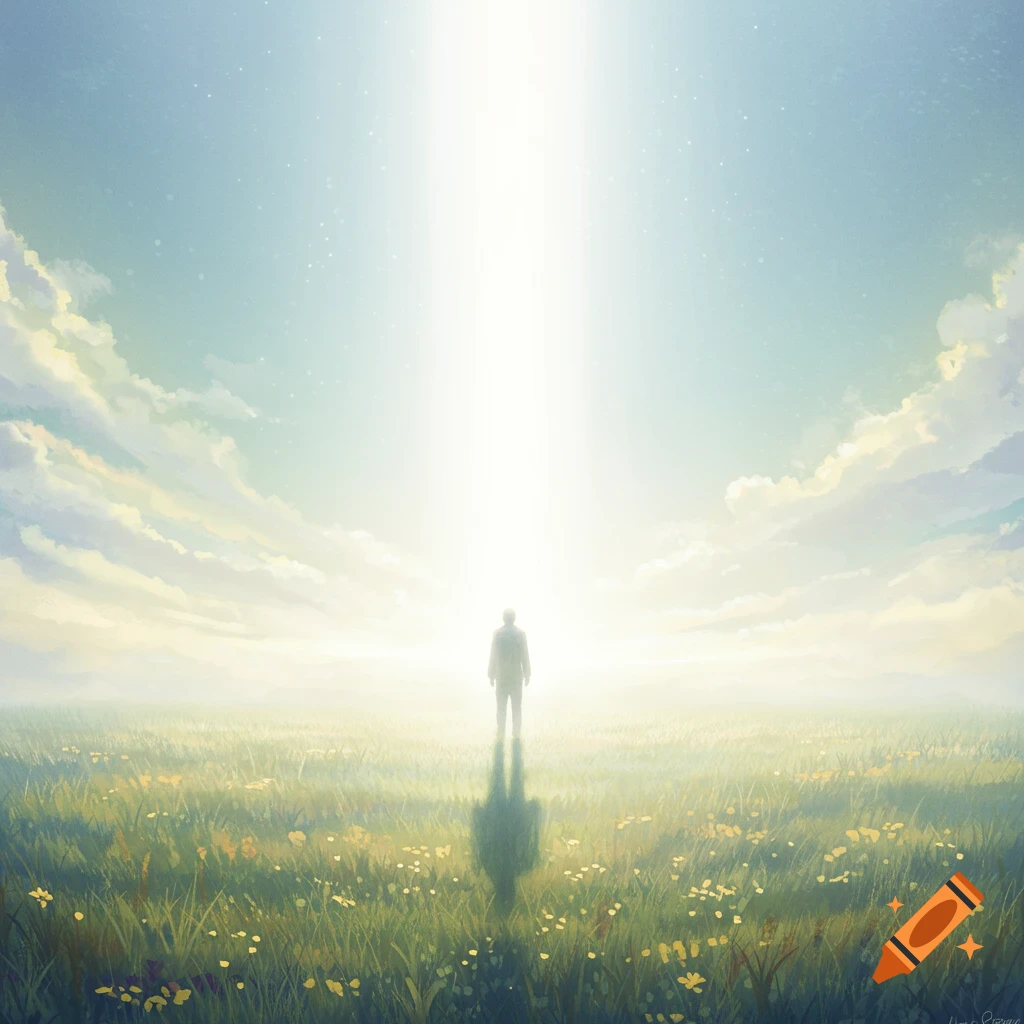 A silhouette of a person stands in a field looking up at a bright light beam from the sky.